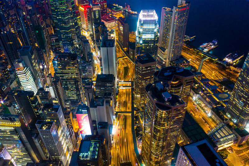 Central, Hong Kong 29 April 2019: Aerial view of Compact city of Hong Kong at night